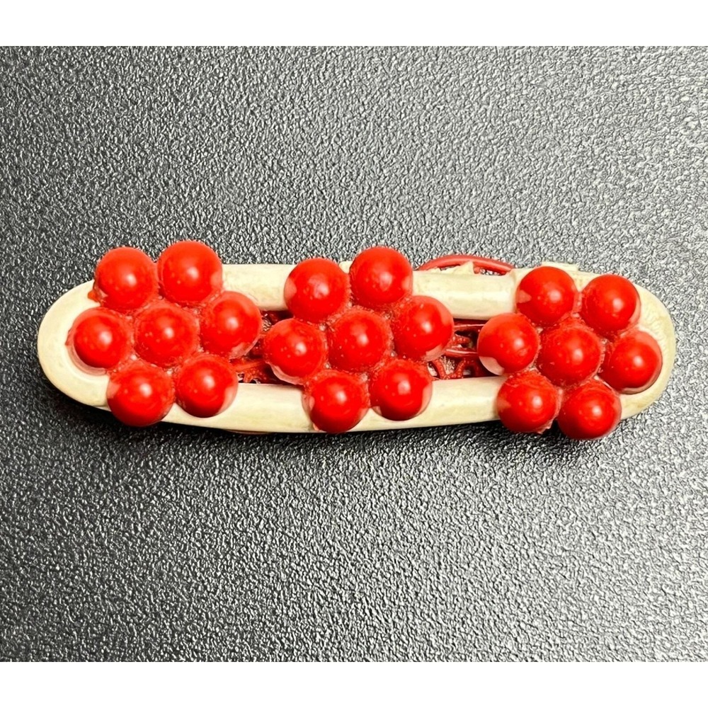 1930s–40s Celluloid Bar Brooch Red Floral Clusters Cream Frame Art Deco WWII